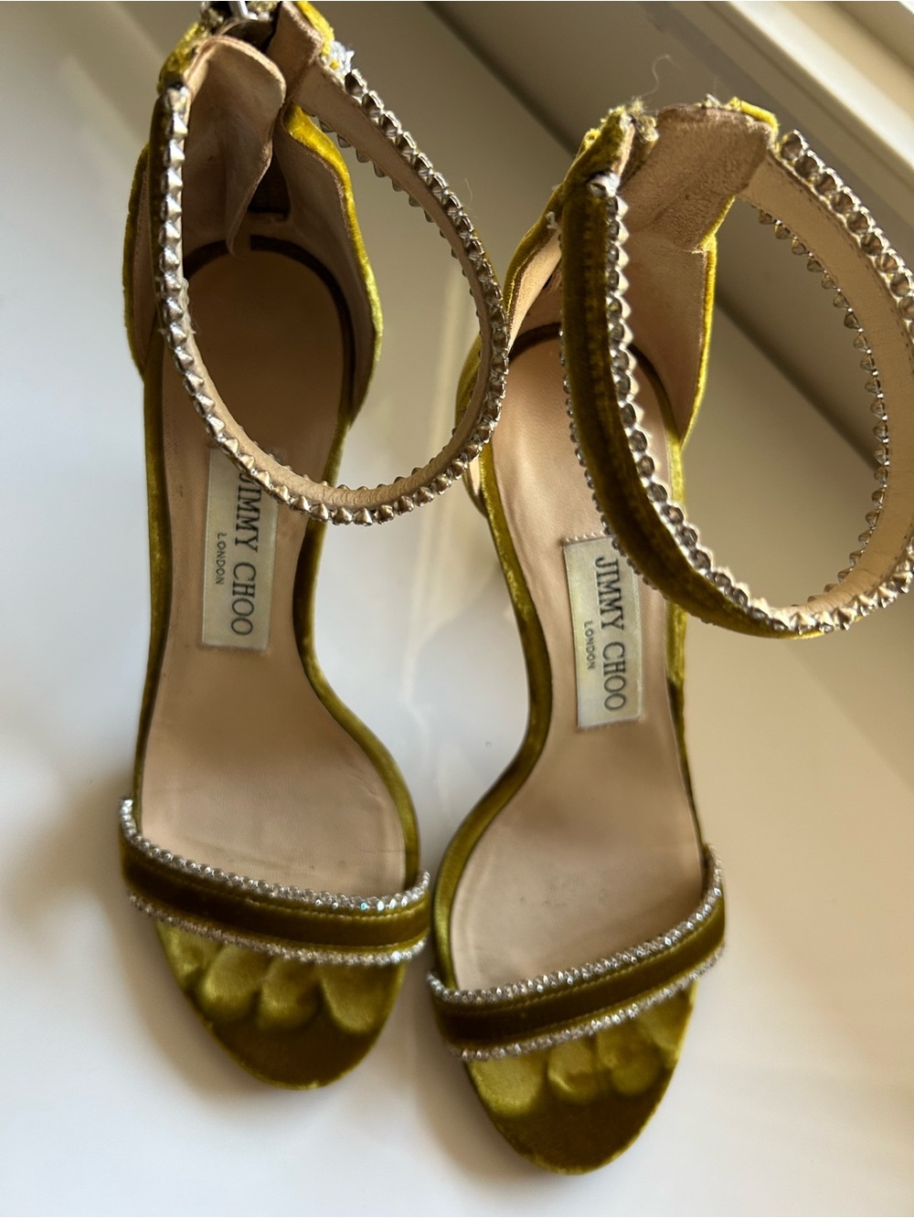 Jimmy Choo Olive Velvet Ankle-Strap Sandals with Crystal Accents